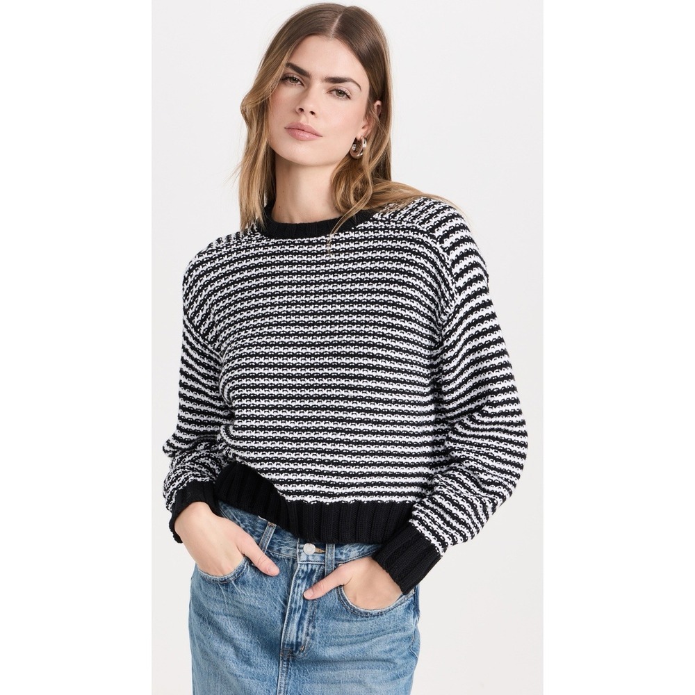 NWT $158 Evereve Pistola Adina Black‎ White Stripe Knit Cotton Sweater Sz SMALL